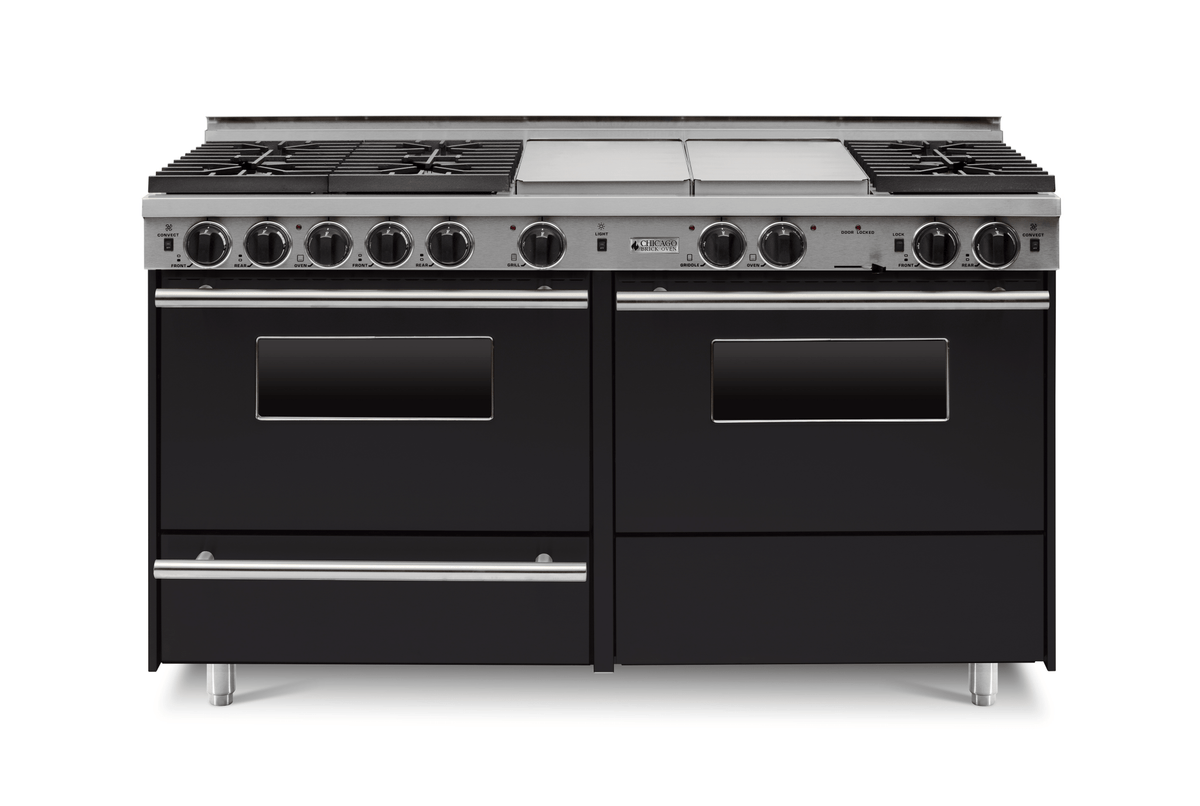 60″ Dual-Fuel Range — black, regular — Griddle cover shown.