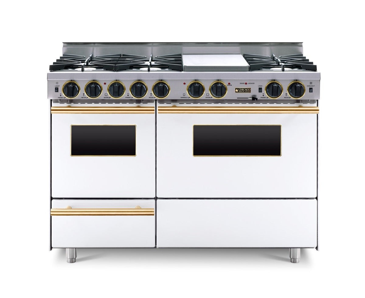 48″ Dual-Fuel Range — white, brass — Griddle cover shown.