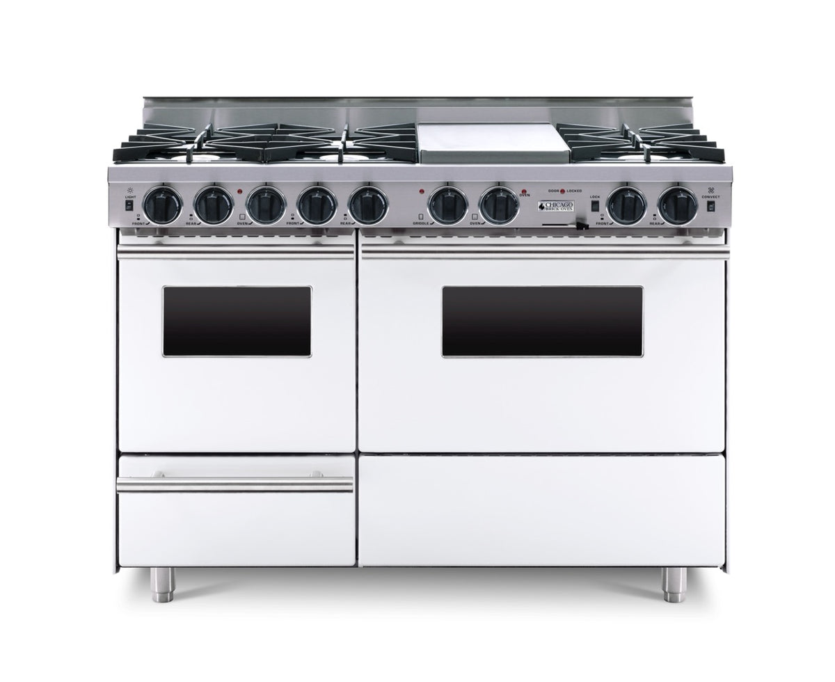 48″ Dual-Fuel Range — white, regular — Griddle cover shown.