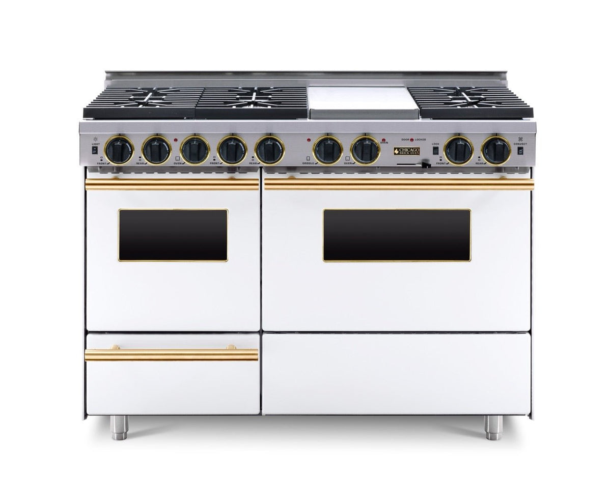 48″ Dual-Fuel Range — white, brass — Griddle cover shown.