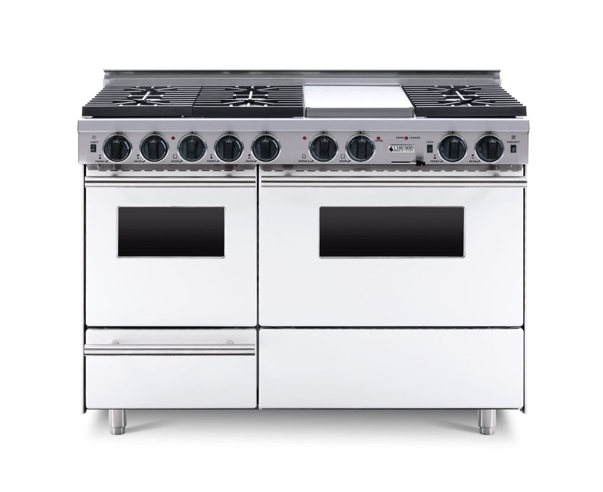 48″ Dual-Fuel Range — white, regular — Griddle cover shown.