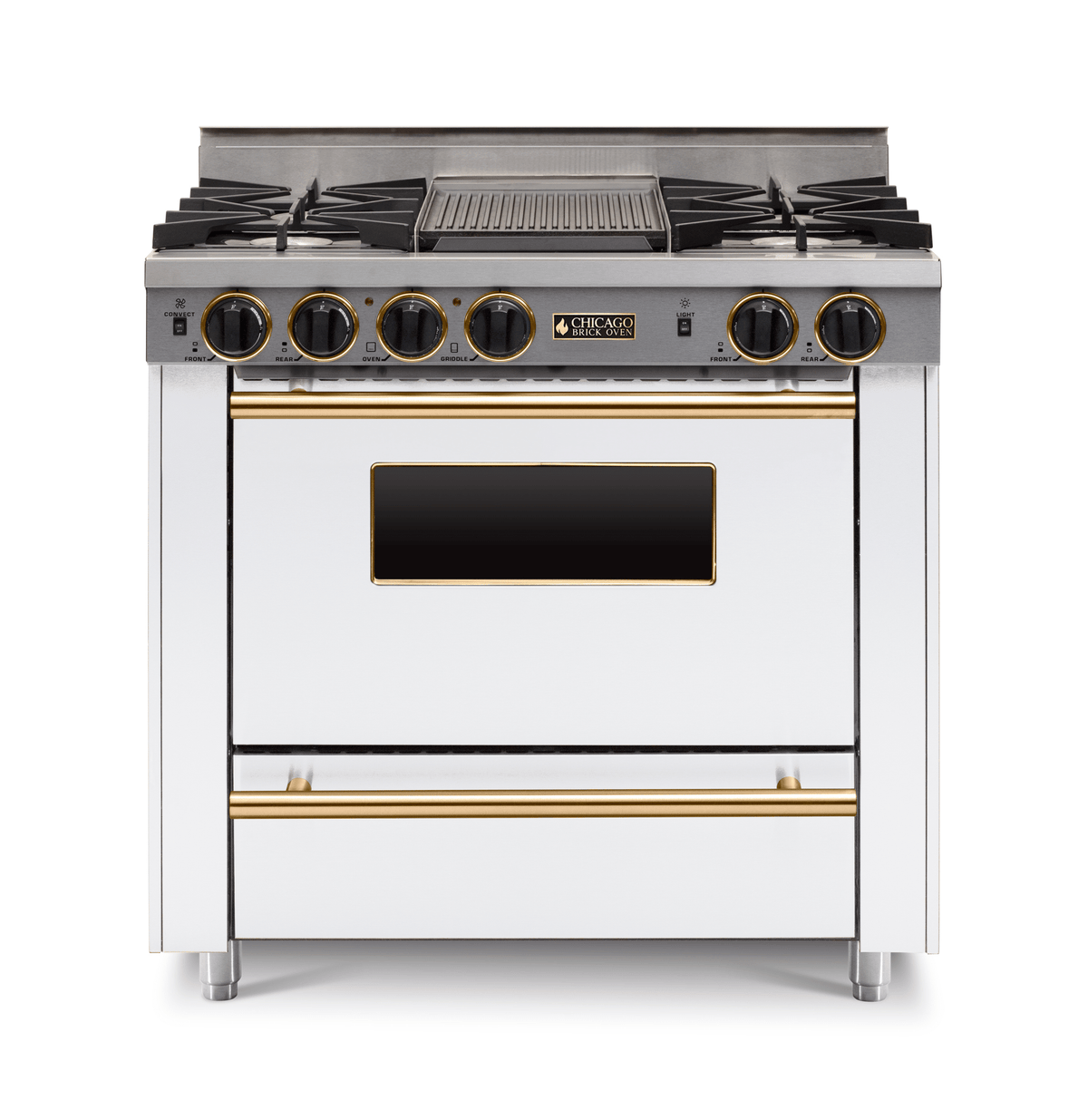 36″ All-Gas Range — White / Brass