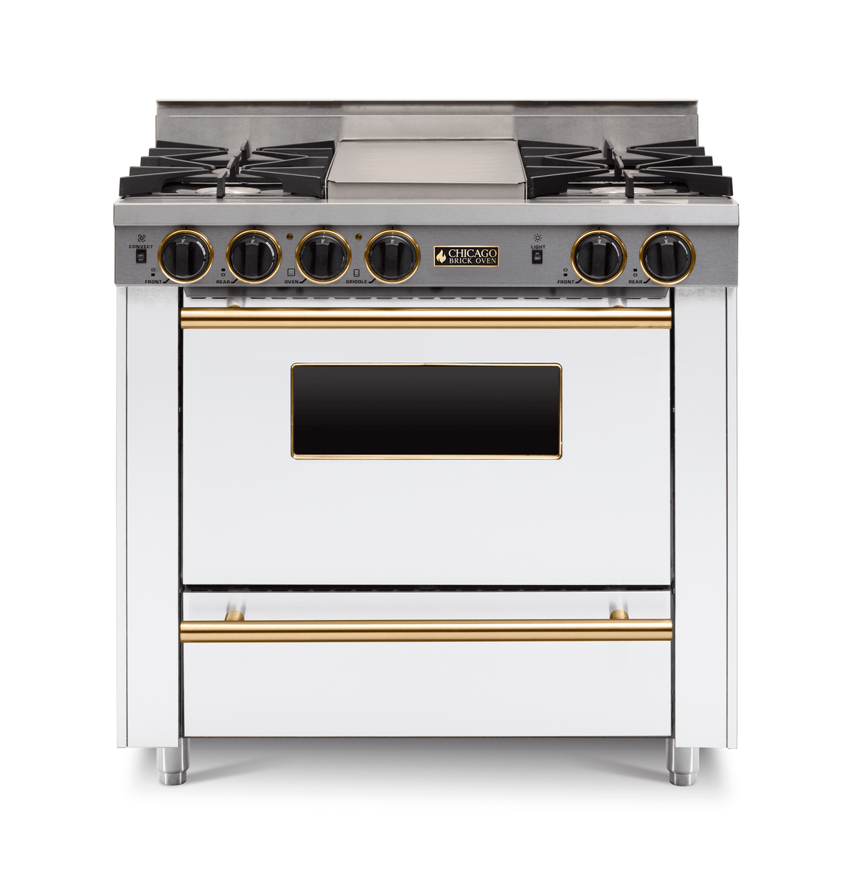 36″ All-Gas Range — white, brass — Griddle cover shown.