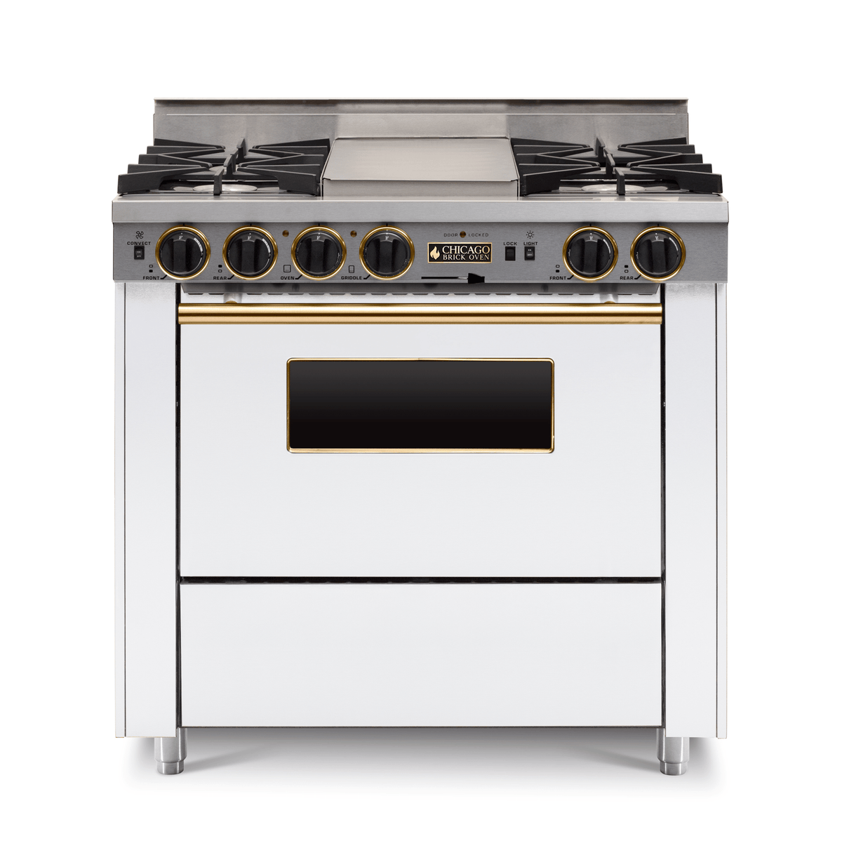 36″ Dual-Fuel Range — white, brass — Griddle cover shown.
