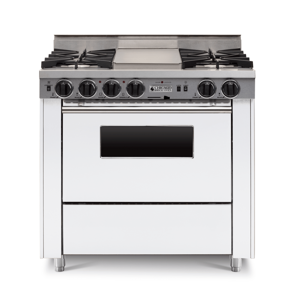 36″ Dual-Fuel Range — white, regular — Griddle cover shown.