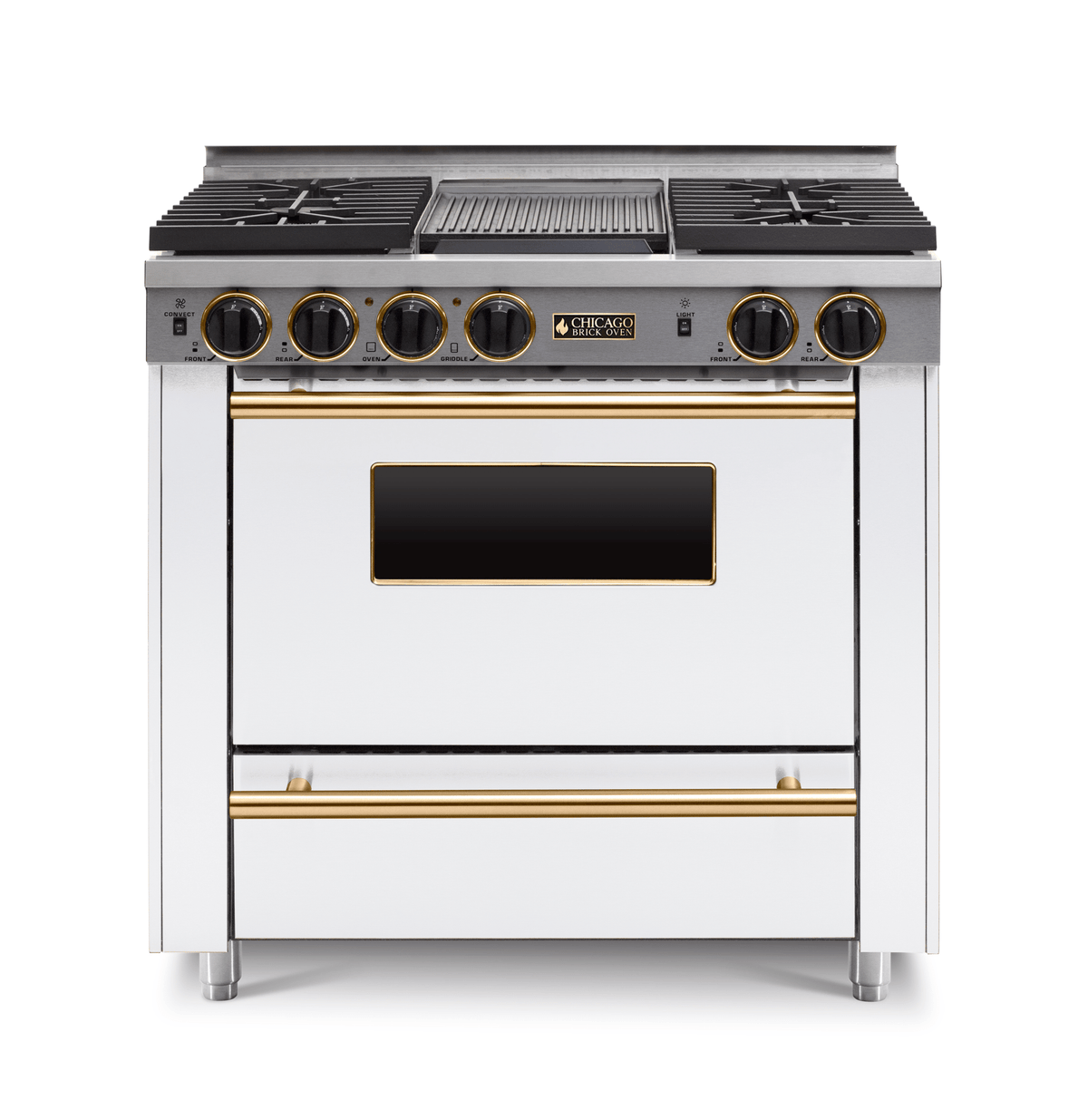 36″ All-Gas Range — White / Brass / Four