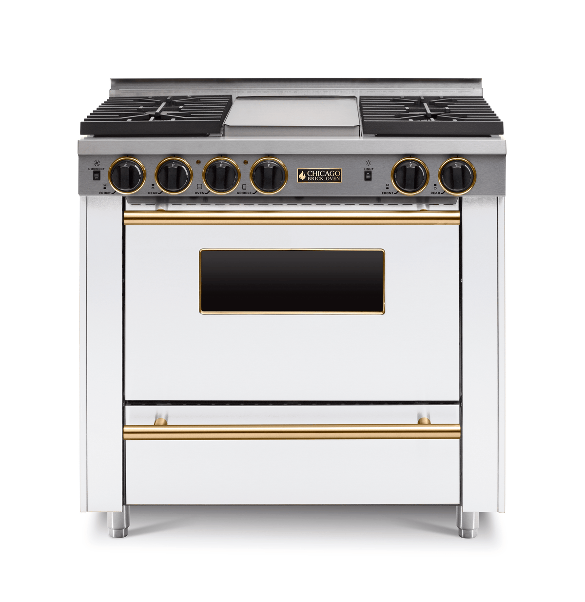 36″ All-Gas Range — white, brass — Griddle cover shown.