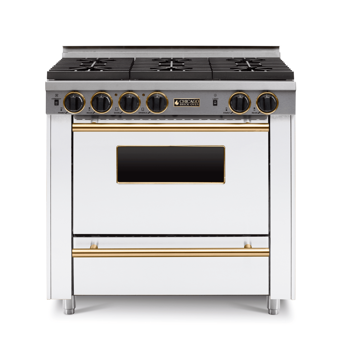 36″ All-Gas Range — White / Brass / Six