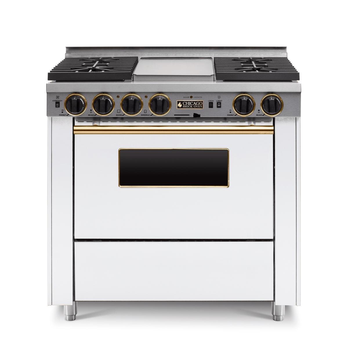 36″ Dual-Fuel Range — white, brass — Griddle cover shown.