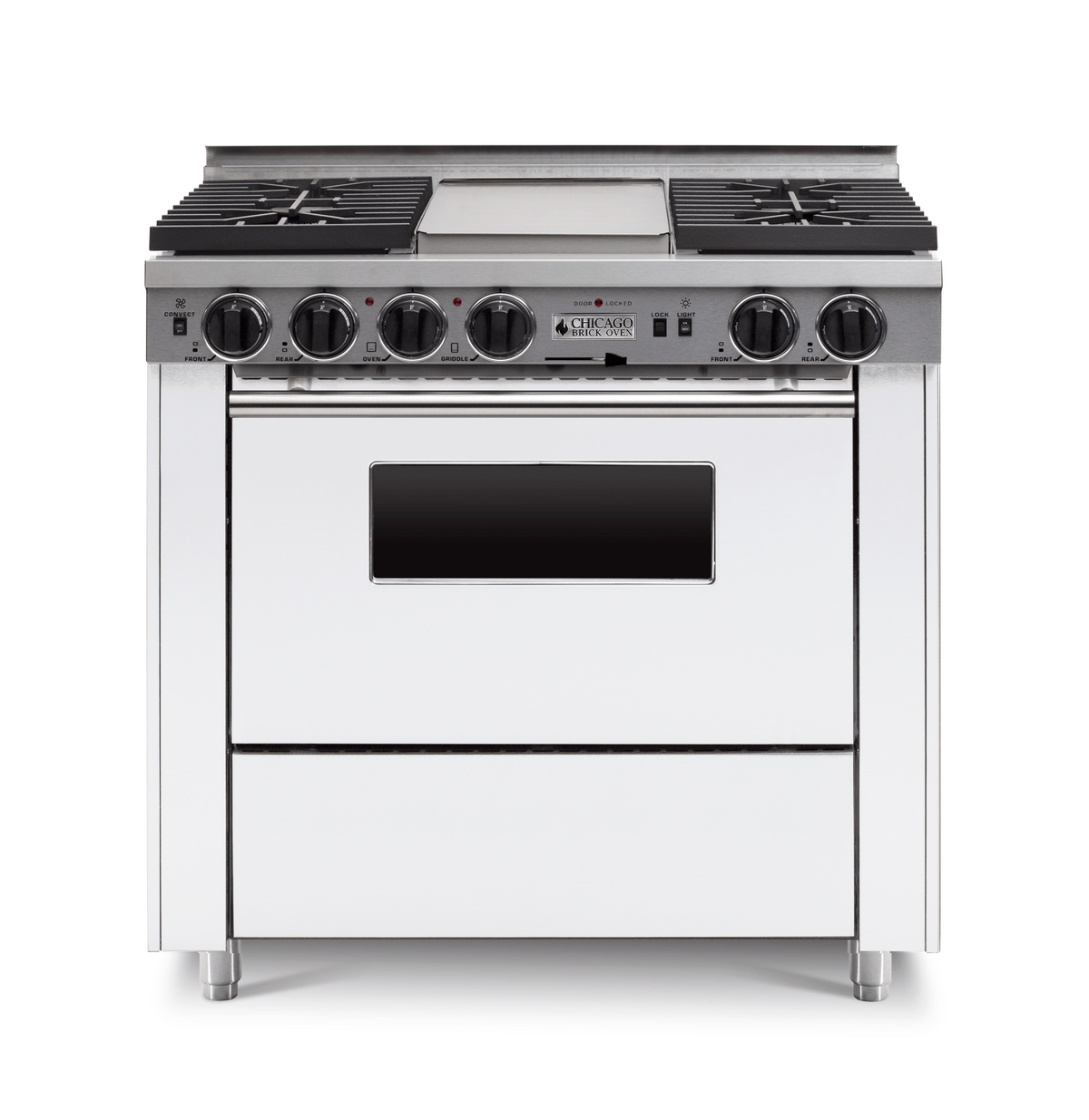 36″ Dual-Fuel Range — white, regular — Griddle cover shown.