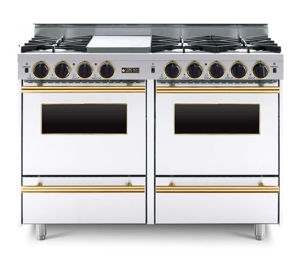 48″ All-Gas Range — white, brass — Griddle cover shown.