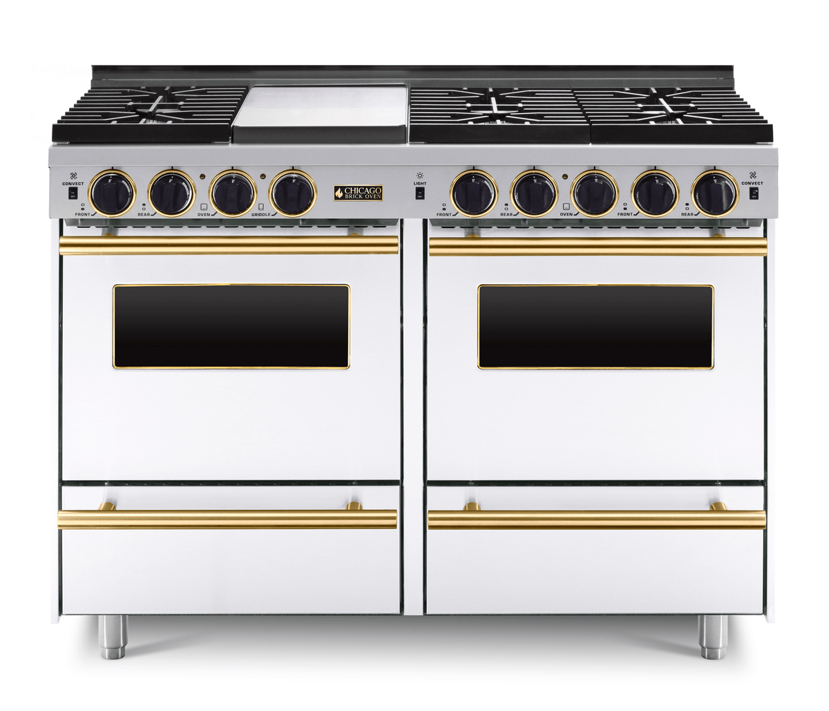 48″ All-Gas Range — white, brass — Griddle cover shown.