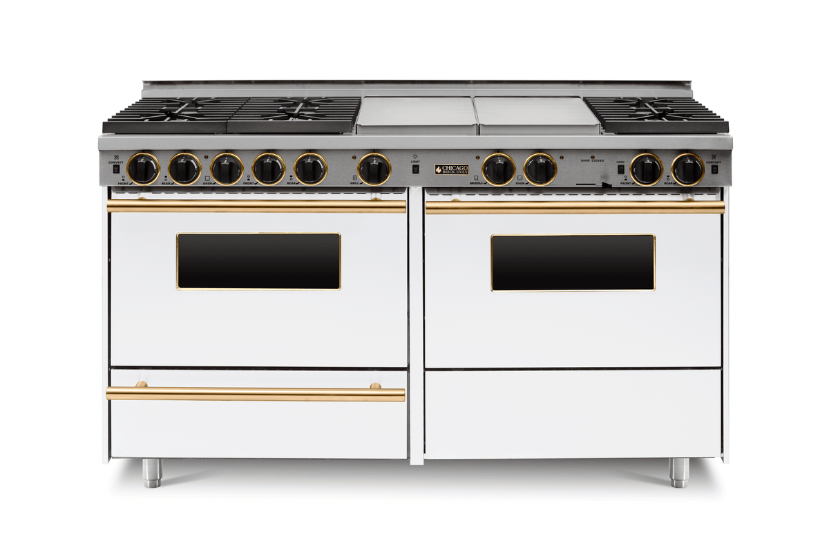 60″ Dual-Fuel Range — white, brass — Griddle cover shown.