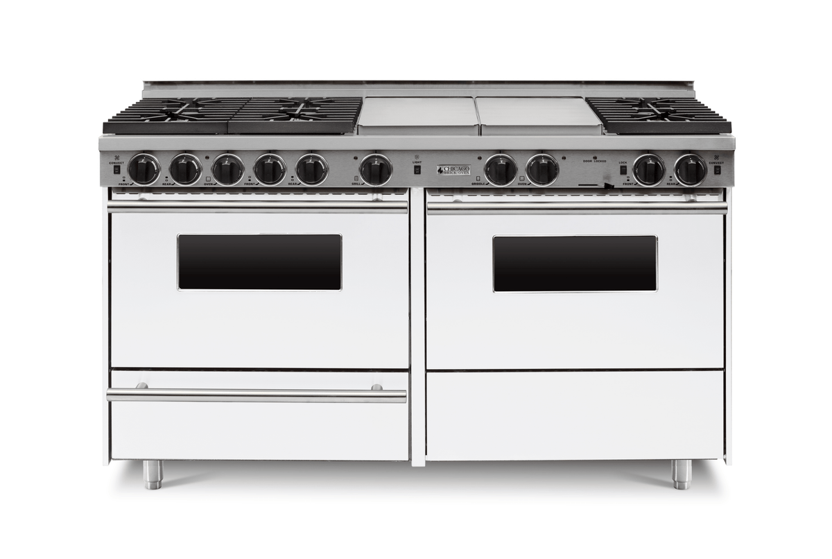 60″ Dual-Fuel Range — white, regular — Griddle cover shown.