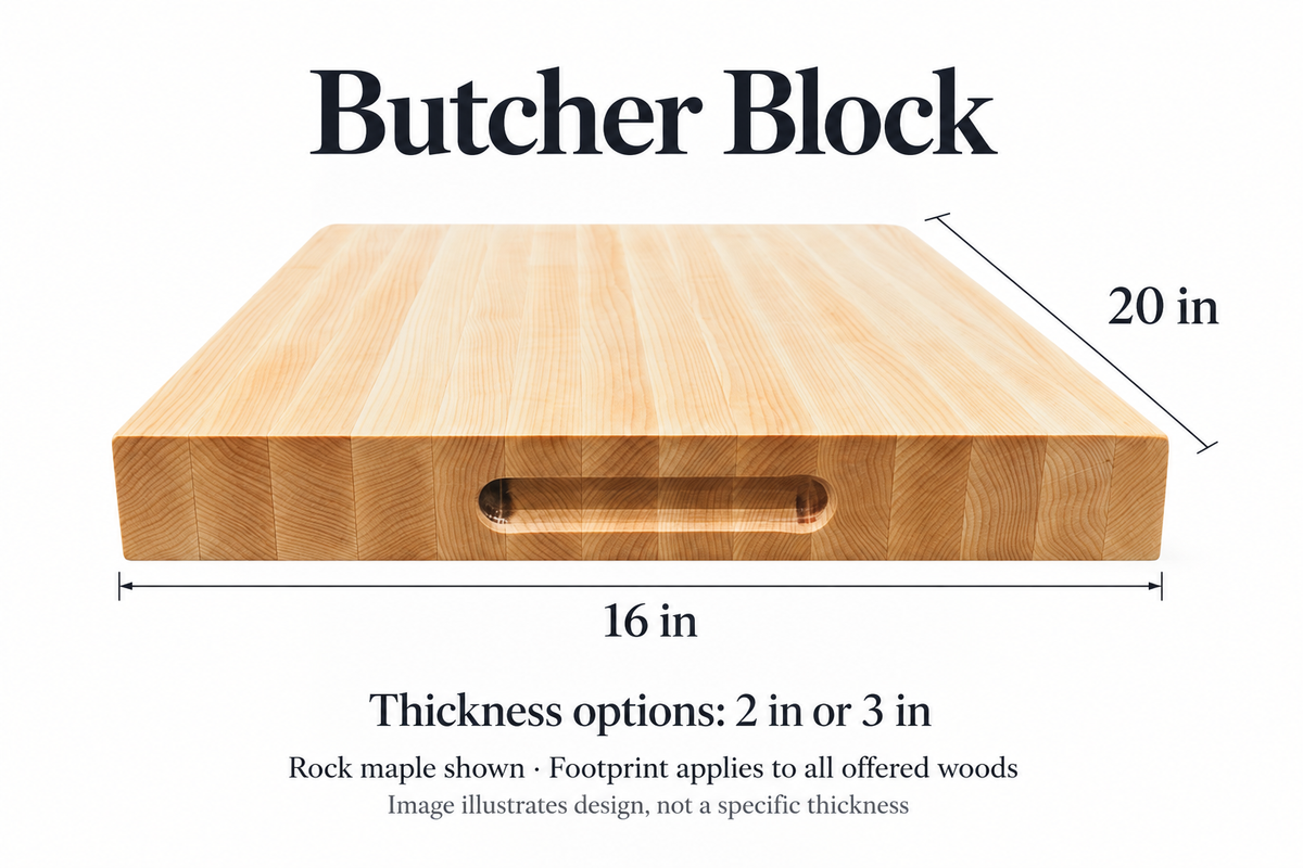 Verified dimensions illustration: CBO Handcrafted Hardwood Butcher Block. Source measurements; depicted wood is illustrative.