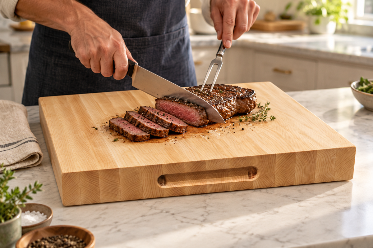 AI-generated lifestyle concept: CBO Handcrafted Hardwood Butcher Block in Rock Maple in use. Product fidelity and branding subject to review.