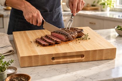 AI-generated lifestyle concept: CBO Handcrafted Hardwood Butcher Block in Rock Maple in use. Product fidelity and branding subject to review.