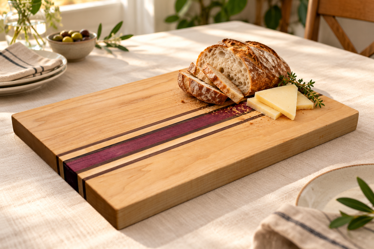 CBO Boardwalk Multi-Wood Cutting Board — AI-generated in-use concept