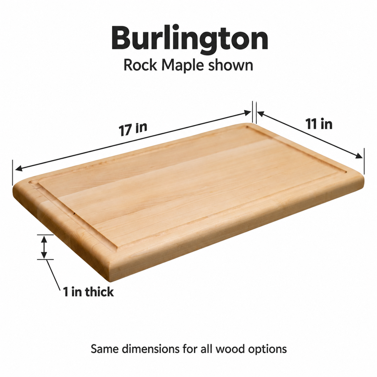 CBO Burlington Hardwood Cutting Board — verified dimensions illustration, Rock Maple shown