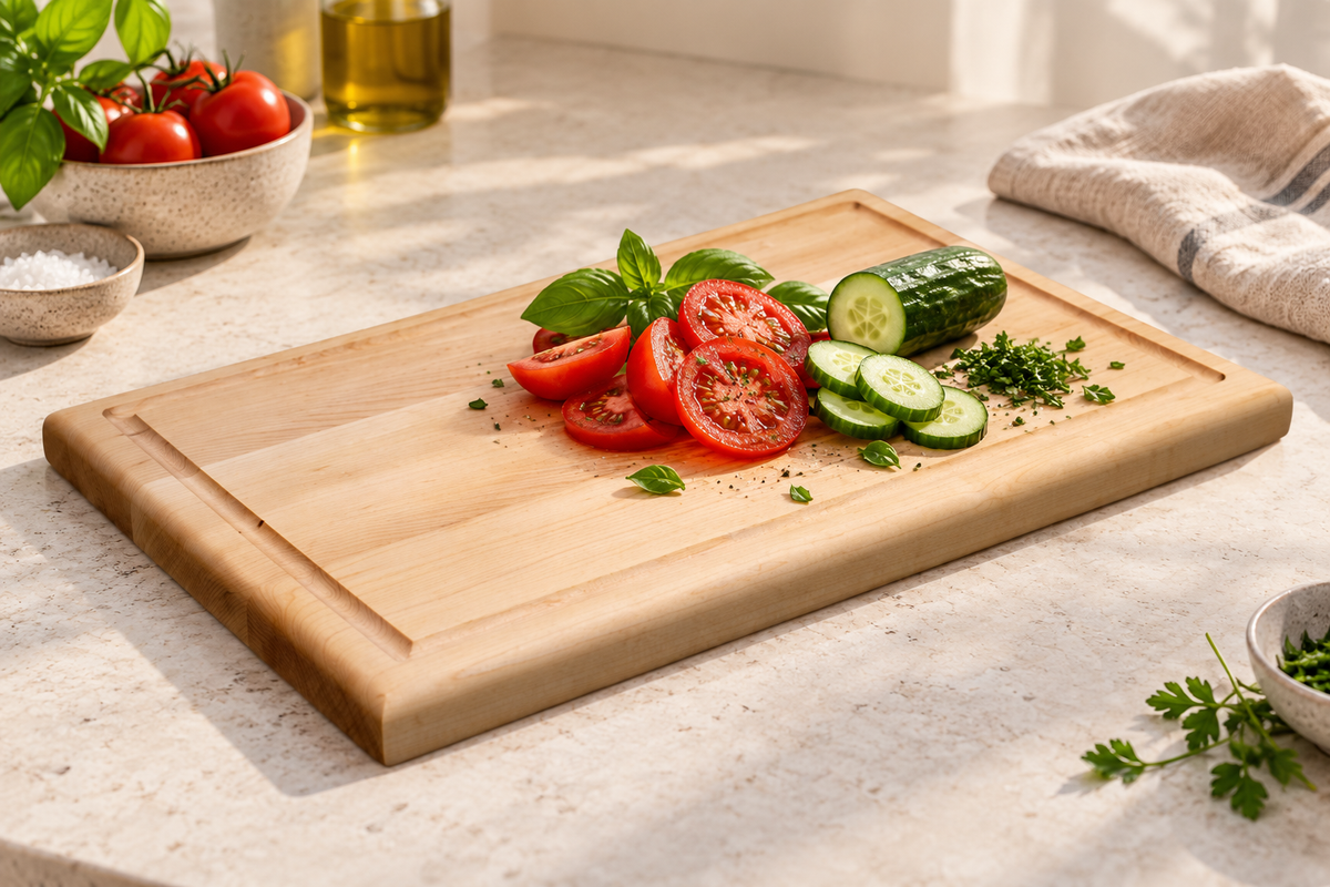 CBO Burlington Hardwood Cutting Board — AI-generated in-use concept, Rock Maple shown
