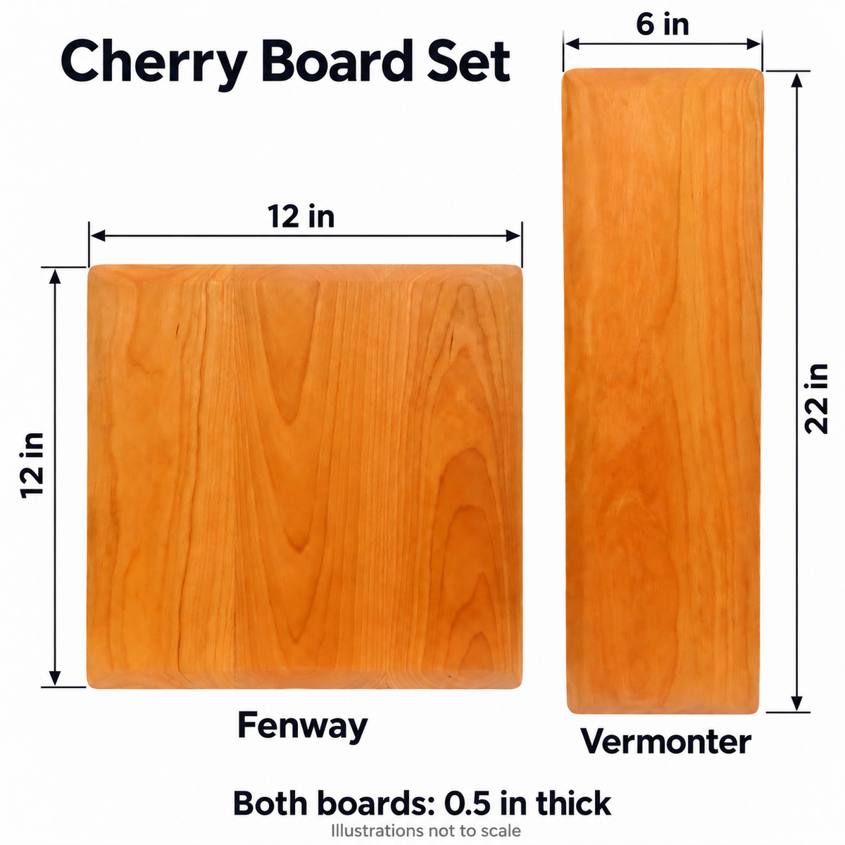 cbo cherry fenway and vermonter board set — Verified dimensions illustration; generated product view; Design representative; no personalized variant depiction