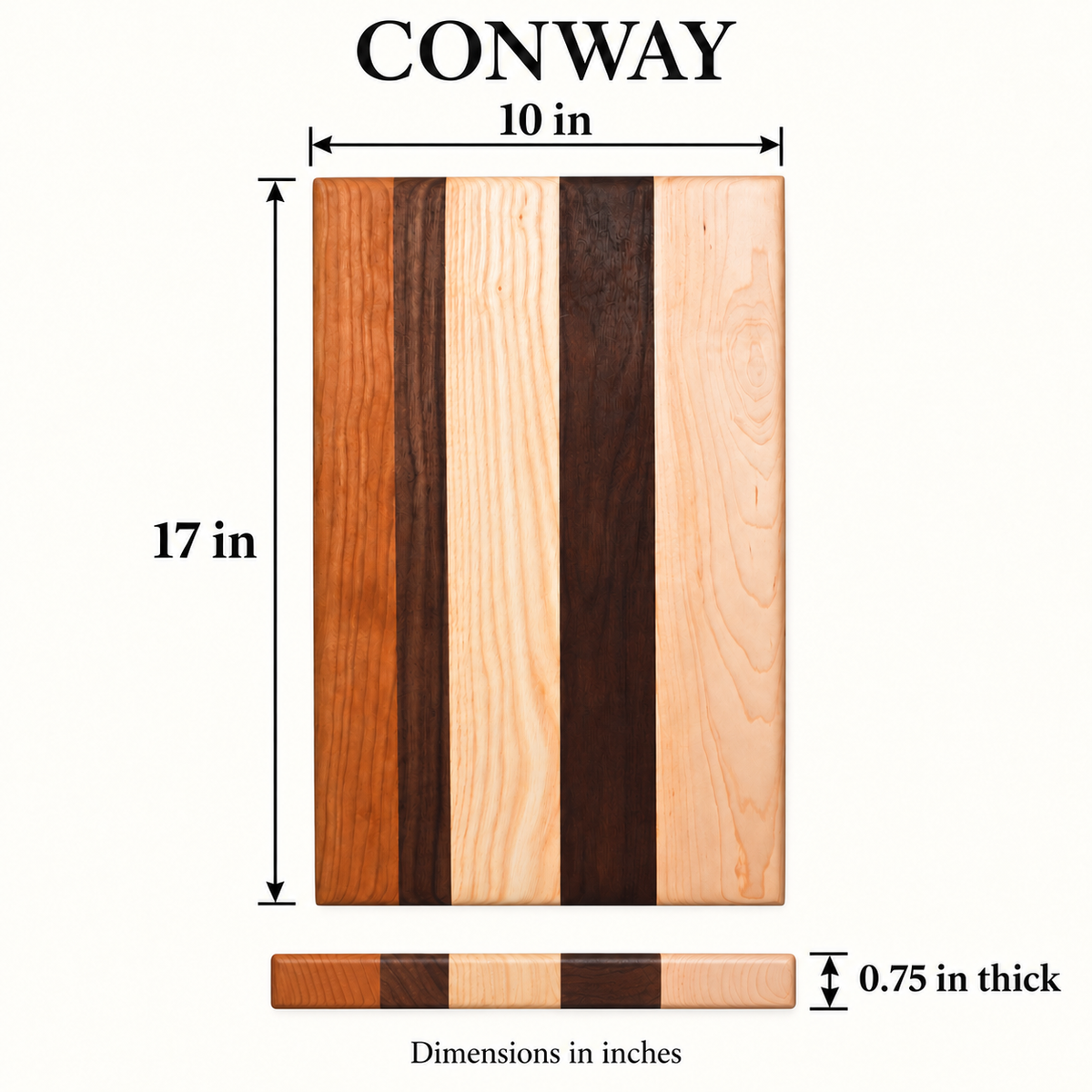 cbo conway multi wood cutting board — Verified dimensions illustration; generated product view; Default wood design; no custom engraving depicted