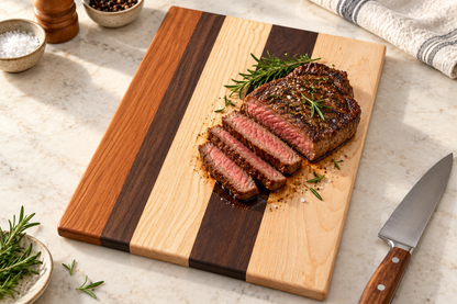 cbo conway multi wood cutting board — AI-generated in-use concept; Default wood design; no custom engraving depicted