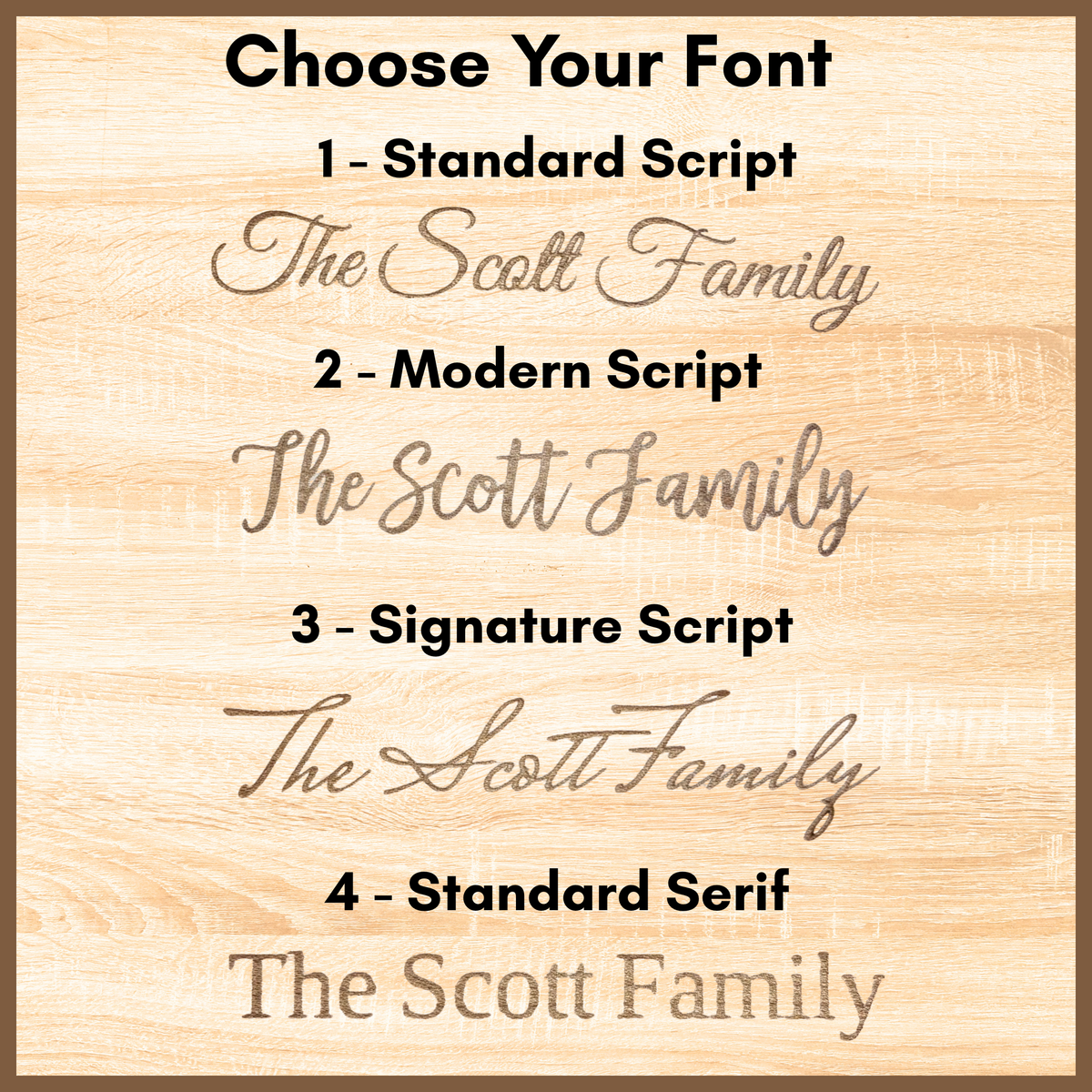 Engraving font examples: Standard Script, Modern Script, Signature Script and Standard Serif.