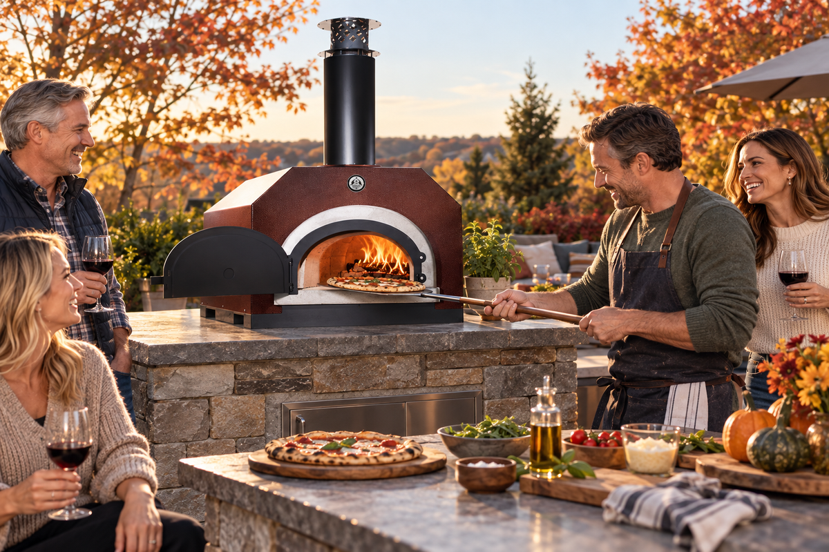 Lifestyle concept of an autumn family gathering around a burgundy Chicago Brick Oven.