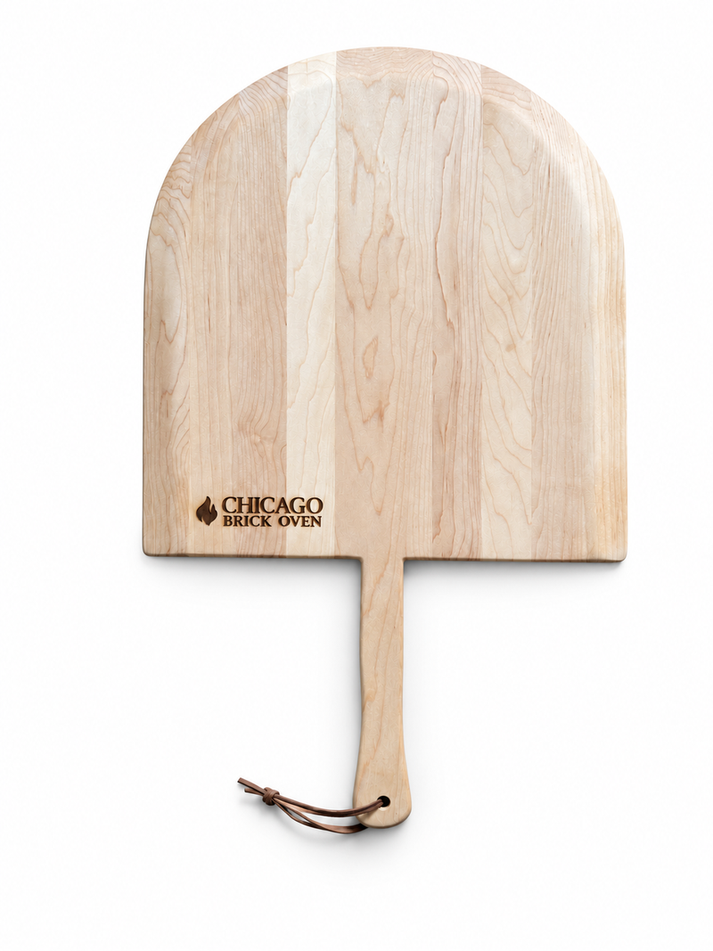 AI-retouched product image: CBO Maple Hardwood Pizza Peel; measurement tape and background removed, original engraving design retained.
