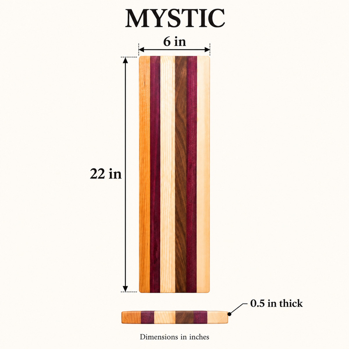 cbo mystic multi wood cutting board — Verified dimensions illustration; generated product view; Default wood design; no custom engraving depicted