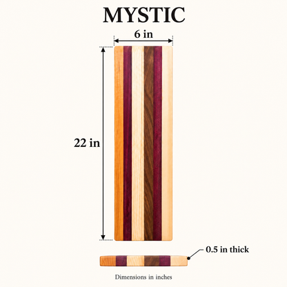 cbo mystic multi wood cutting board — Verified dimensions illustration; generated product view; Default wood design; no custom engraving depicted