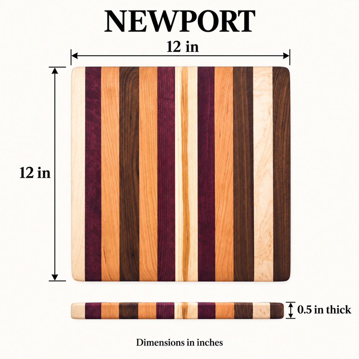 cbo newport multi wood cutting board — Verified dimensions illustration; generated product view; Default wood design; no custom engraving depicted