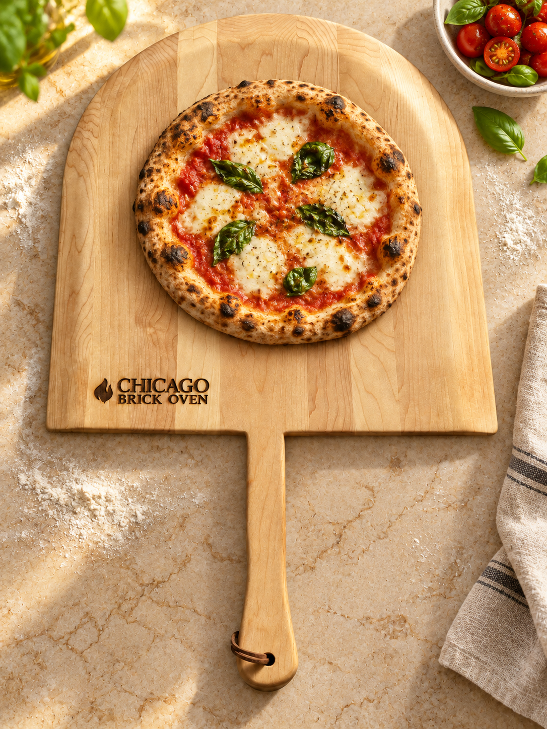 AI-generated lifestyle illustration based on the approved CBO maple pizza peel reference, showing working-face taper and engraved logo.