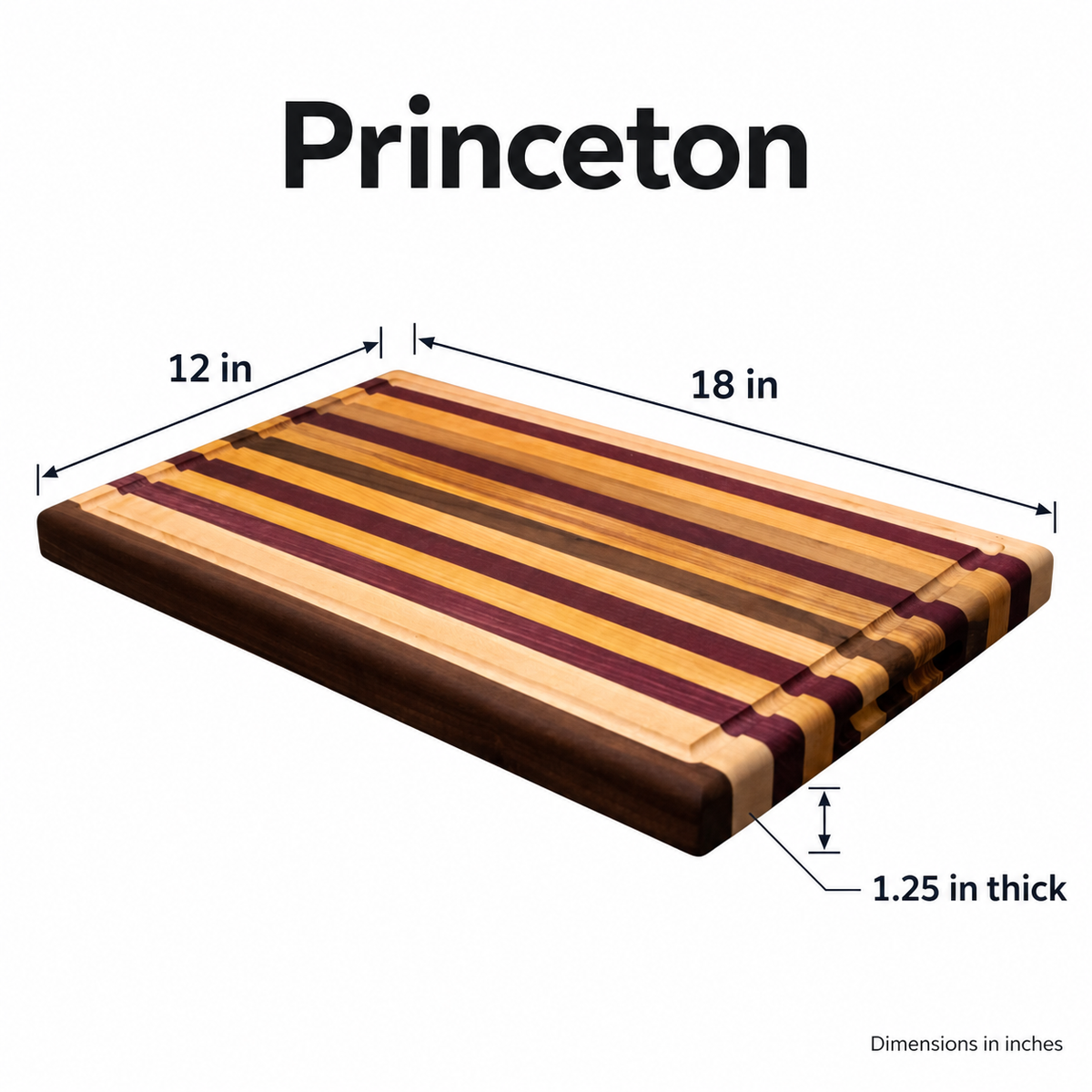CBO Princeton Multi-Wood Cutting Board — verified dimensions illustration