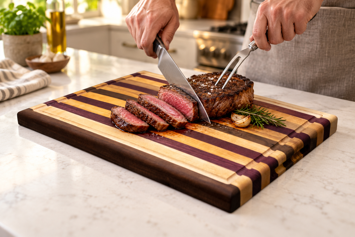 CBO Princeton Multi-Wood Cutting Board — AI-generated in-use concept