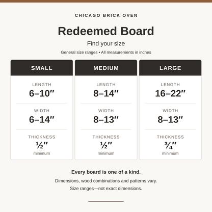Redeemed board size guide: Small generally 6–10 inches long by 6–14 inches wide, at least ½ inch thick; Medium 8–14 by 8–13 inches, at least ½ inch thick; Large 16–22 by 8–13 inches, at least ¾ inch thick. Actual dimensions, wood species and patterns vary.