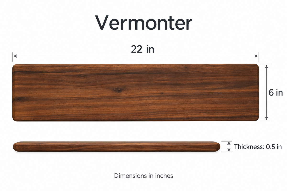 CBO Vermonter Hardwood Charcuterie Board — verified dimensions illustration, Black Walnut shown