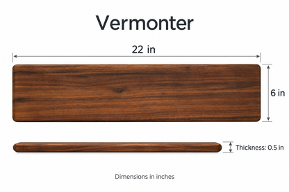 CBO Vermonter Hardwood Charcuterie Board — verified dimensions illustration, Black Walnut shown