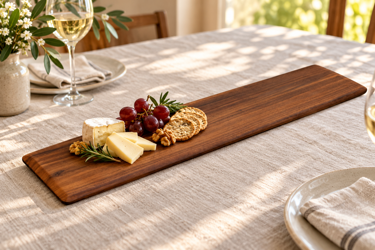 CBO Vermonter Hardwood Charcuterie Board — AI-generated in-use concept, Black Walnut shown