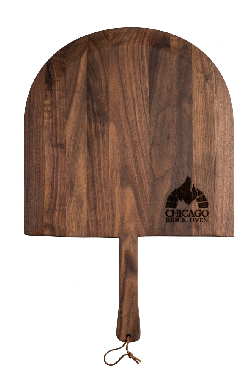 CBO Walnut Pizza Peel — actual engraved sample; supporting reference photograph
