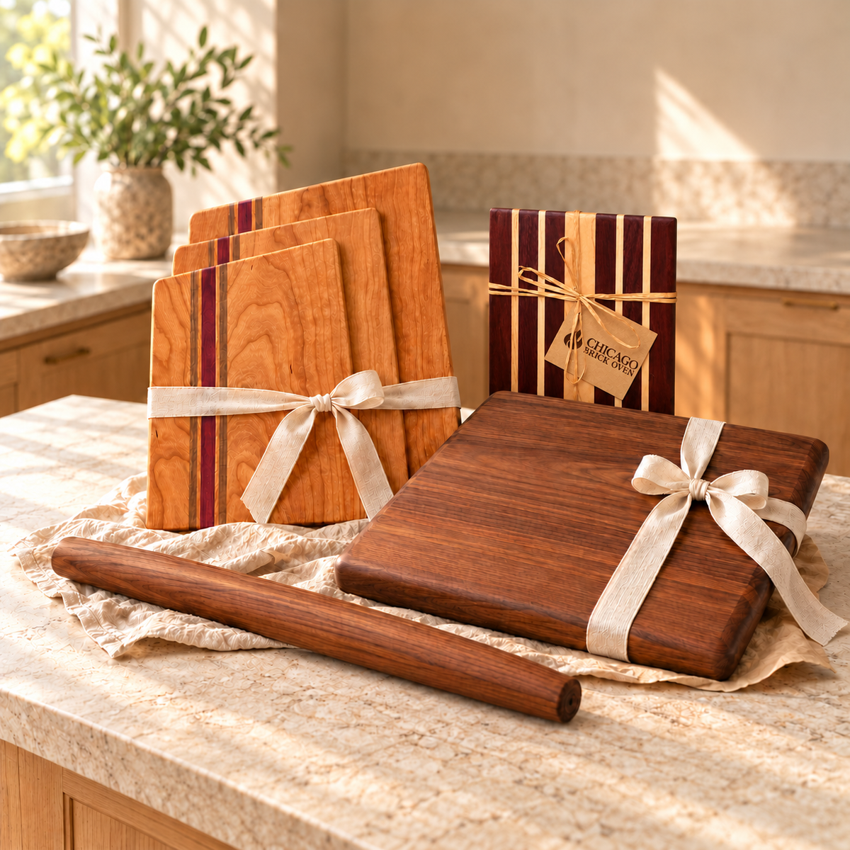 CBO Geometric boards, Fenway board, French rolling pin and Redeemed board styled as gifts on a kitchen counter