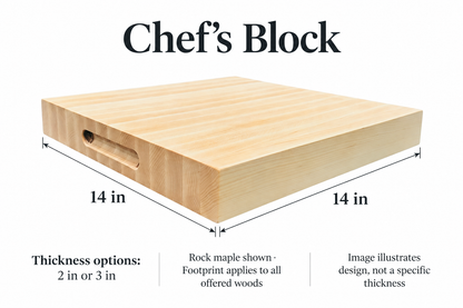 Verified dimensions illustration: CBO Handcrafted Hardwood Chef’s Block. Source measurements; depicted wood is illustrative.