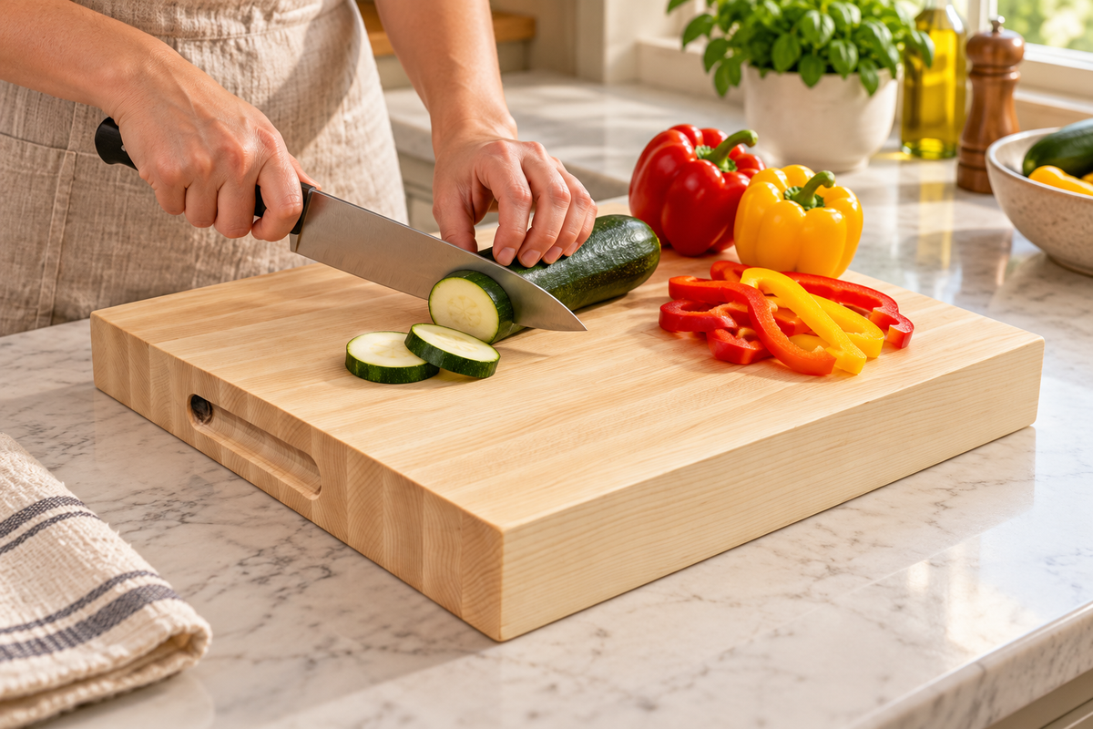 AI-generated lifestyle concept: CBO Handcrafted Hardwood Chef’s Block in Rock Maple in use. Product fidelity and branding subject to review.