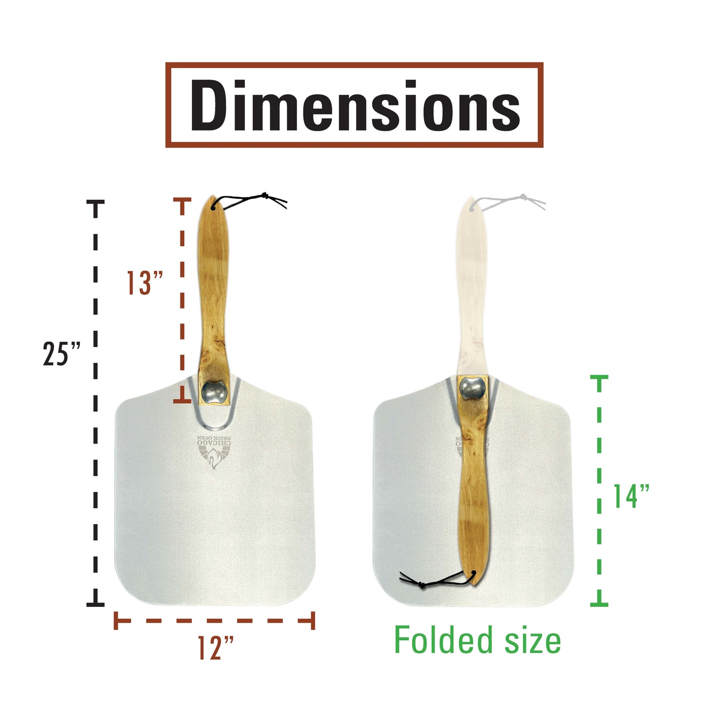 An image highlighting the dimensions of the Chicago Brick Oven Aluminum Pizza Peel. The fully extended peel measures 25 inches in length with a 13-inch handle and a 12-inch-wide paddle. Featuring a foldable wooden handle, the peel compacts to just 14 inches when folded.