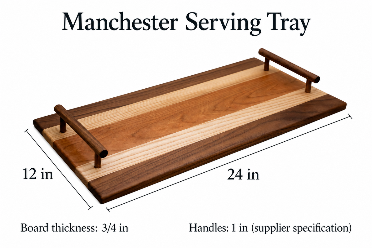 Verified dimensions illustration: CBO Manchester Charcuterie Serving Tray. Source measurements; product rendering illustrative.