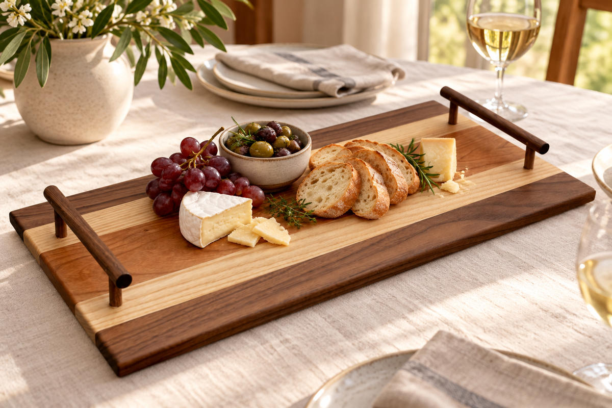 AI-generated lifestyle concept: CBO Manchester Charcuterie Serving Tray in use. Product fidelity and branding subject to review.