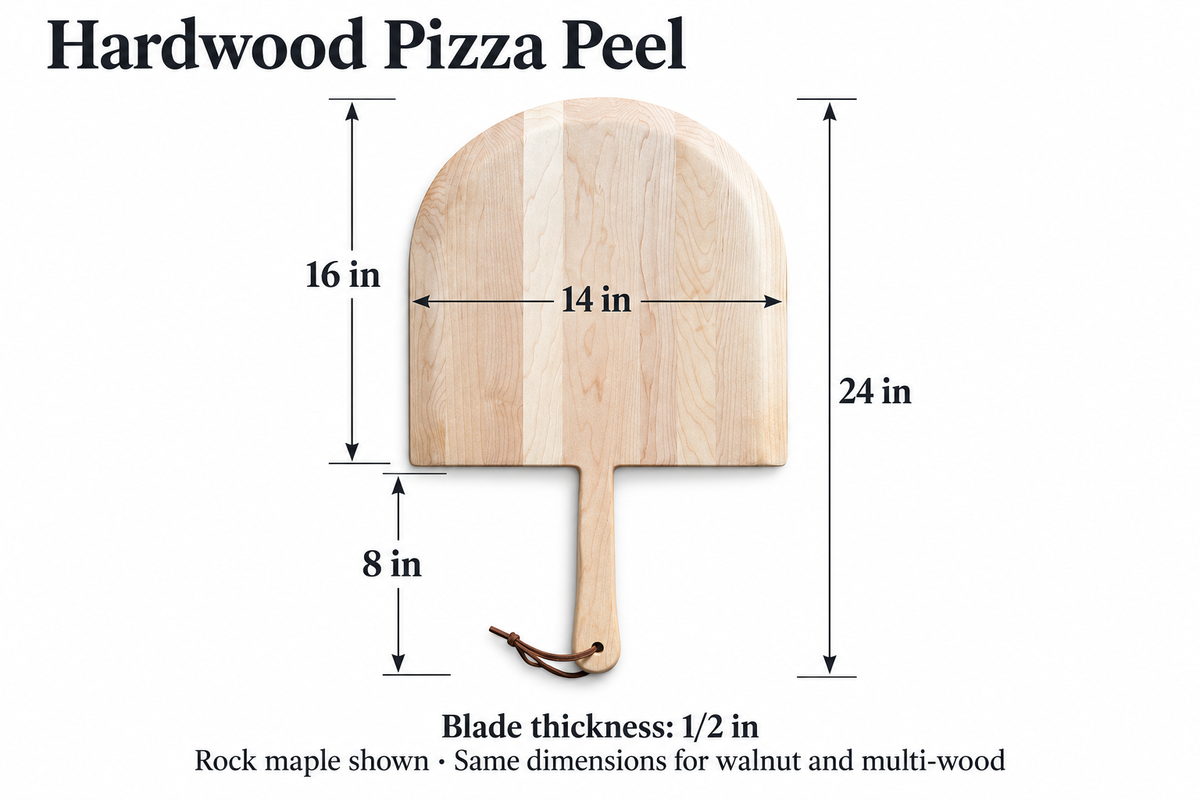 Verified dimensions illustration: CBO Hardwood Pizza Peel. Source measurements; product rendering illustrative.
