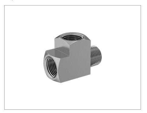 A high-pressure brass pipe fitting from Chicago Brick Oven, this right-angle tee adapter features two threaded openings: one vertical on top and one horizontal on the side. Measuring 3/8" NPT, it boasts robust stainless steel construction.