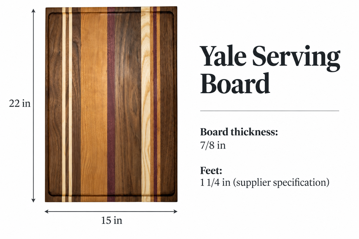 Verified dimensions illustration: CBO Yale Raised Serving Board. Source measurements; product rendering illustrative.